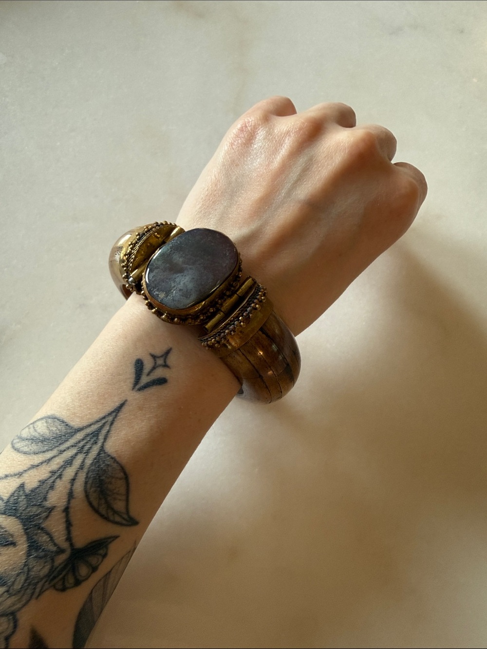 Brass & Wood Stone Bracelet